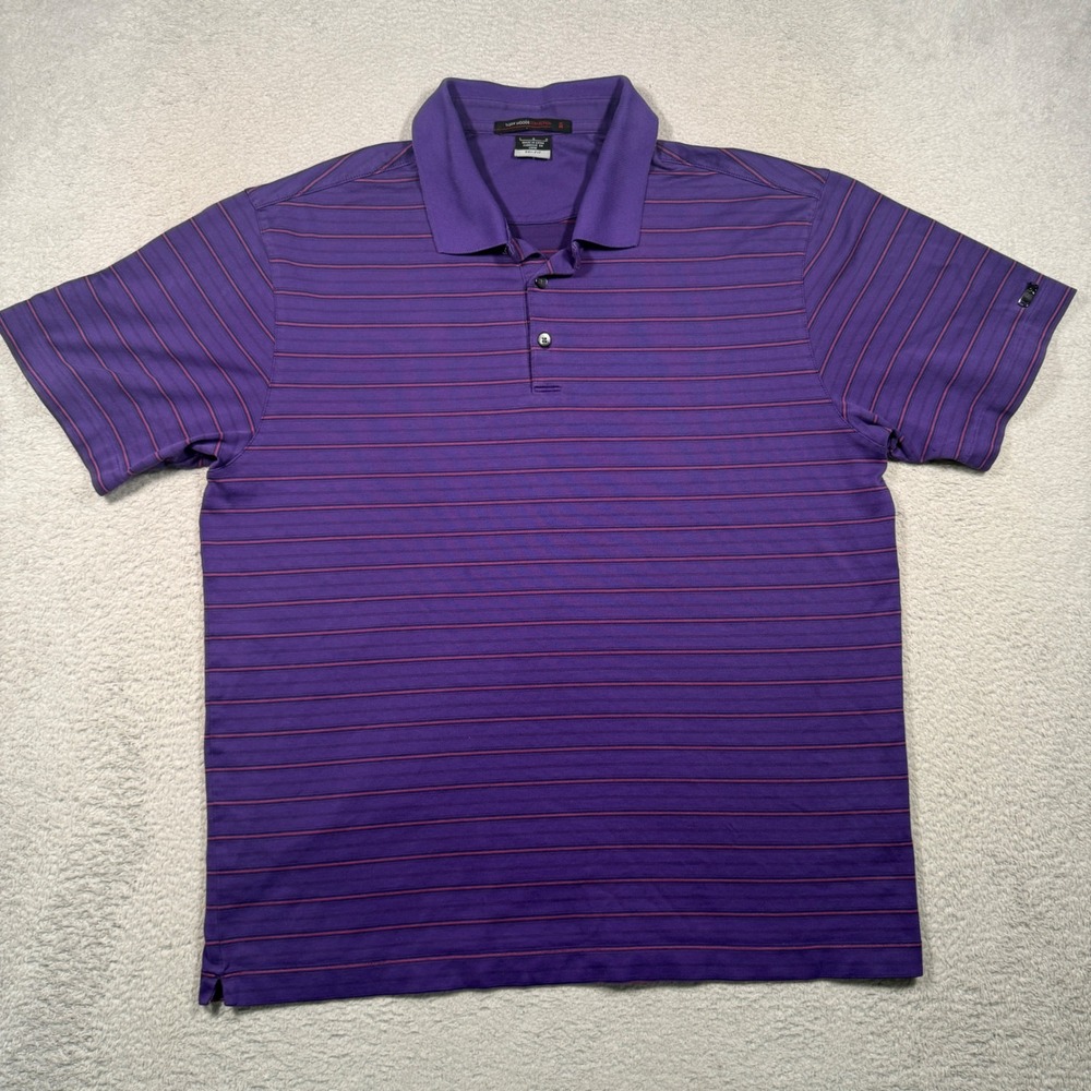 Vintage Y2K Tiger Woods Collection Polo Mens L Purple Striped Dri-FIT Shirt